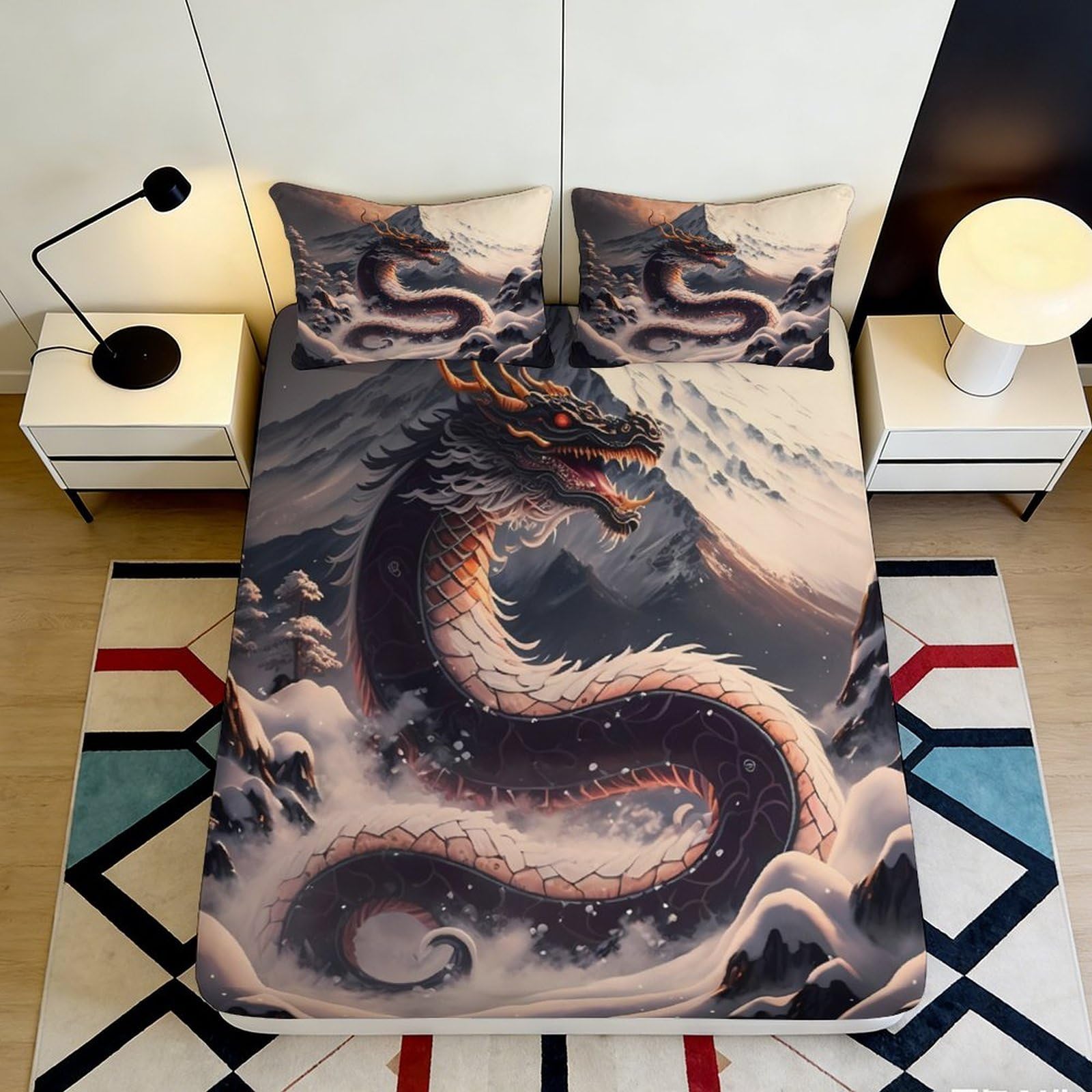 3D Printed Mountain Dragon Fitted Sheet Microfiber Soft Breathable Snow Peaks Bed Cover for Bedroom Guest Room 90x200x25cm