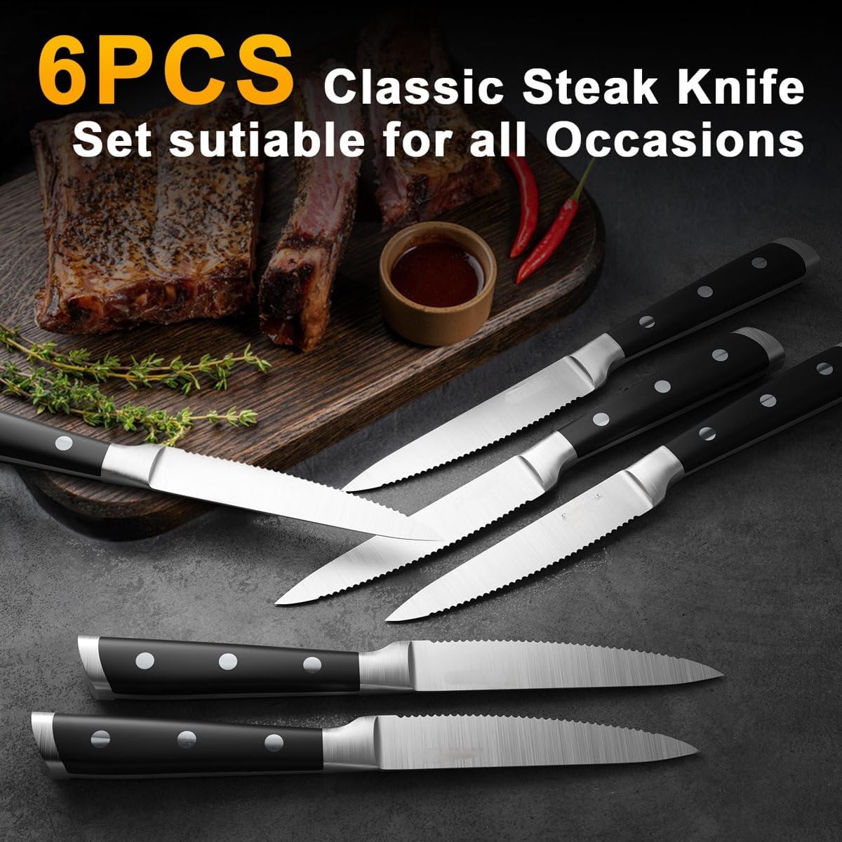 6-Piece Steak Knife Set, Stainless Steel Serrated Blades, Dishwasher Safe, Rust-Proof, 4.84 Inch Blade