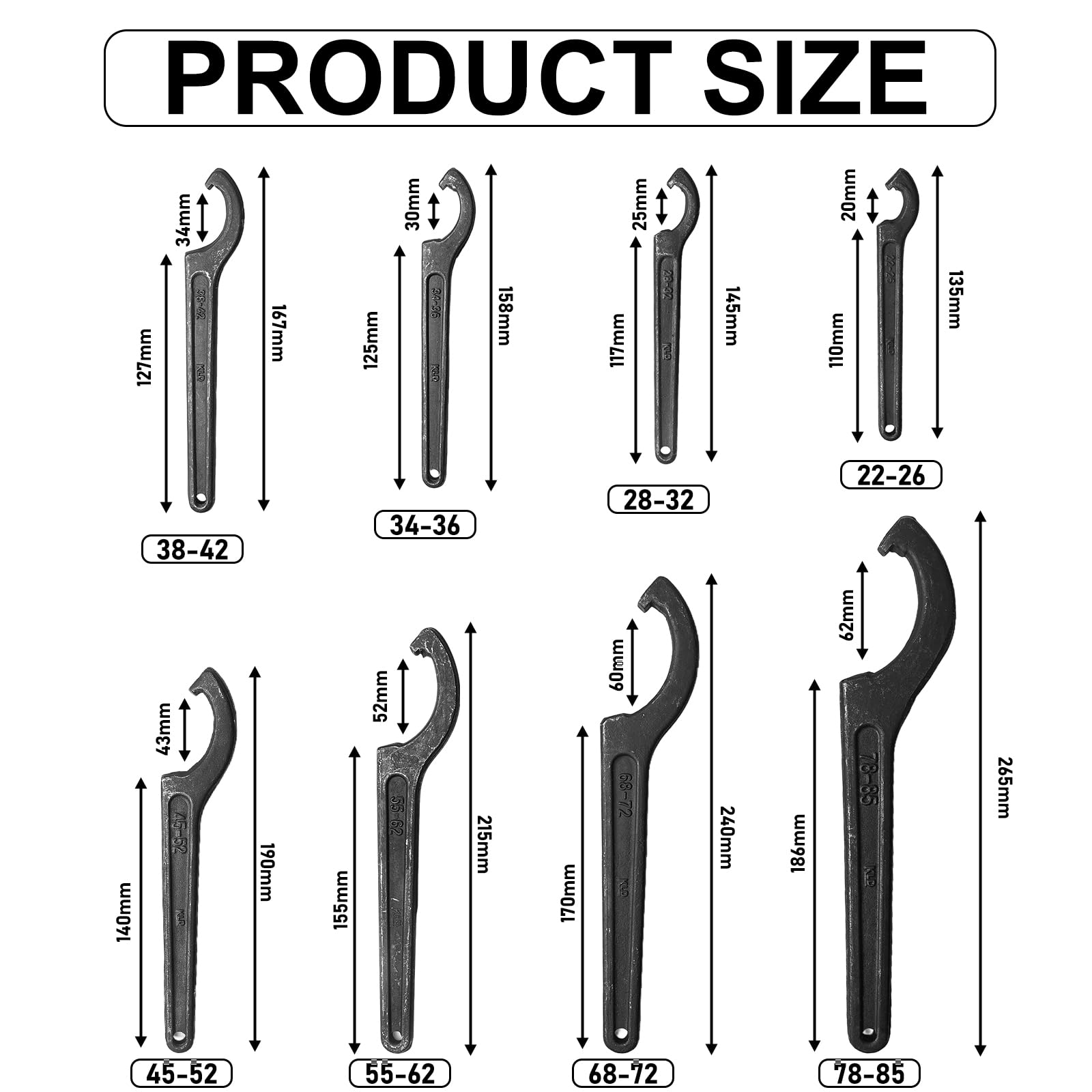 Lot de 8 clés à crochet réglables en C de 22 à 65 mm, clés pour écrou rond, clé à crochet, mandrin, clé à crochet avec nez pour écrous à rainure, tour, écrou de serrage