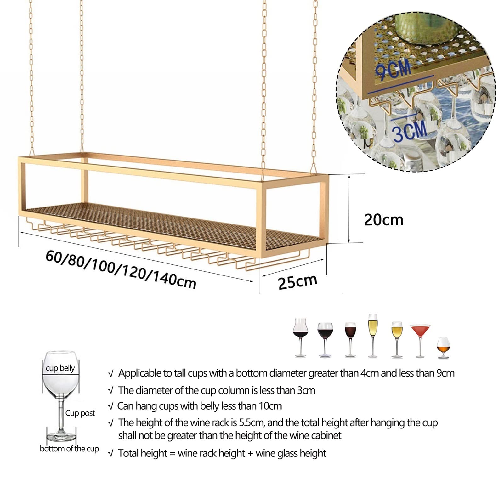 Estante para Copas de Vino bajo Estante, Soporte de Metal Dorado para Copas, Organizador Colgante para Mueble Bar y Cocina - Diseño de Cadena de Hierro (100x25x21cm)