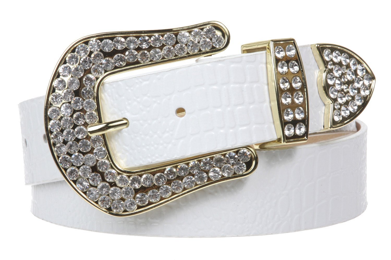 Ladies Snap On Western Alligator Rhinestone Leather Belt Size: L/XL - 39 Color: White