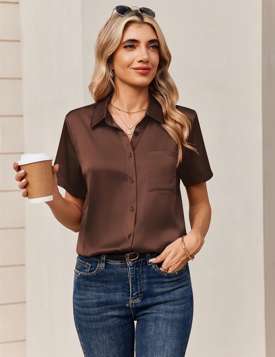 Zeagoo Satin Blouses for Women Silk Button Down Shirts Short Sleeve Business Casual Tops - Image 5