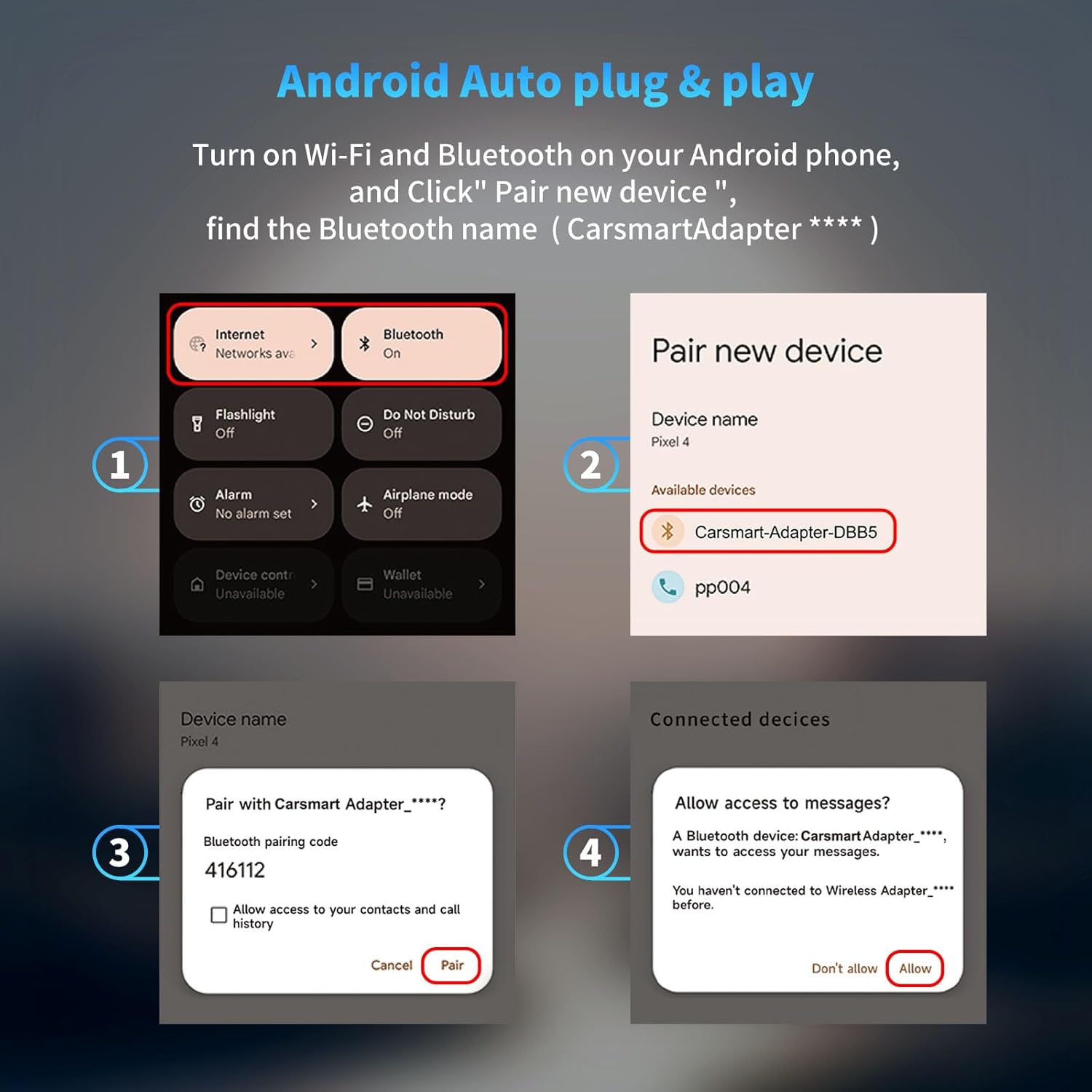 Android phone screen showing Bluetooth pairing steps for Android Auto