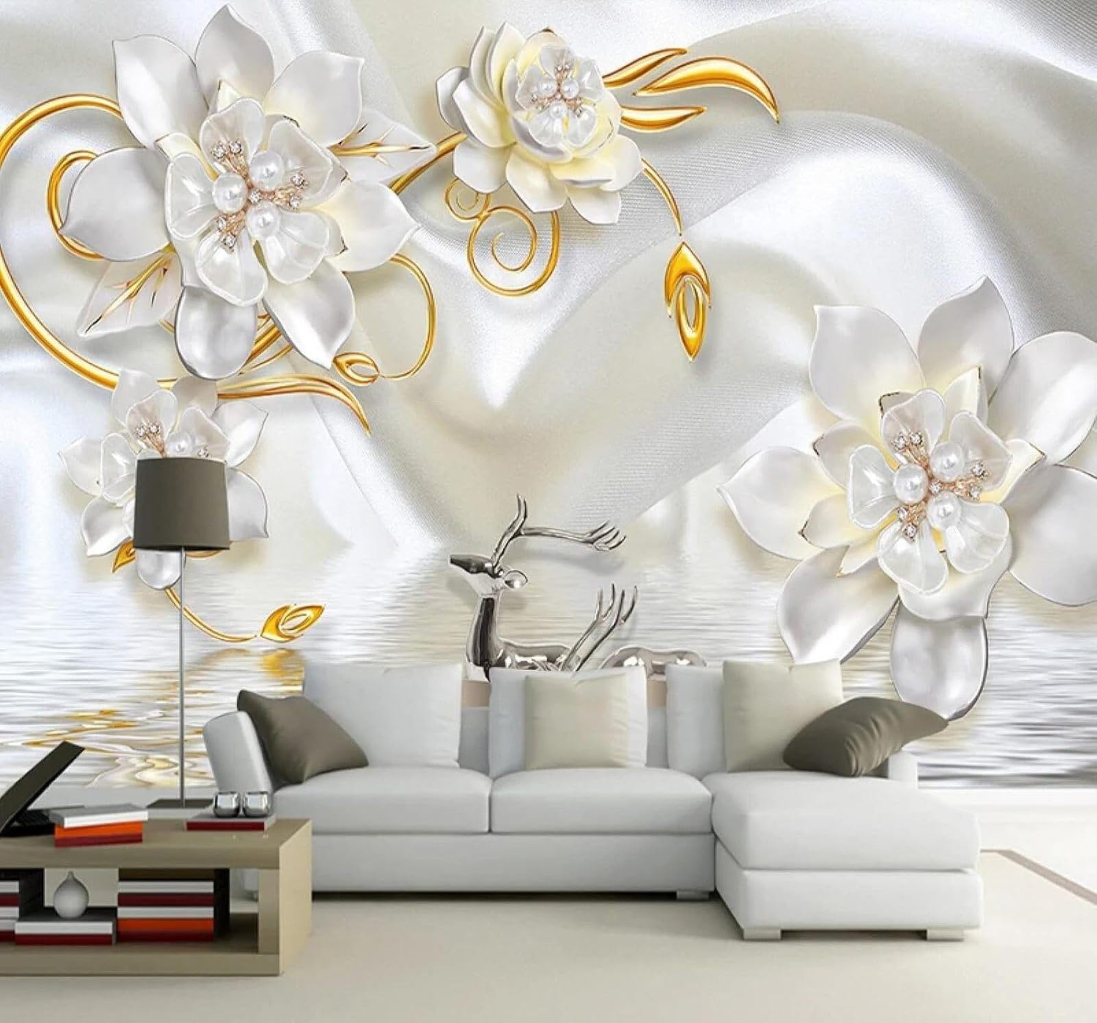 XLMING Luxury Relief Carving Fawn White Pearl Floral 3D Wallpaper Silky Texture Home Study Office Grey Dining Room Sofa Bedroom Living Room TV Backdrop-400cm×280cm