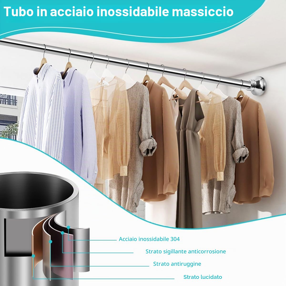 BreeRainz Bastone Tenda a Pressione da 110 a 290 cm Estensibile Bastoni per Tende Telescopico Asta Tenda a Pressione per Finestra Bagno Armadio Armadio Cucina Balcone Porta, Acciaio Inox
