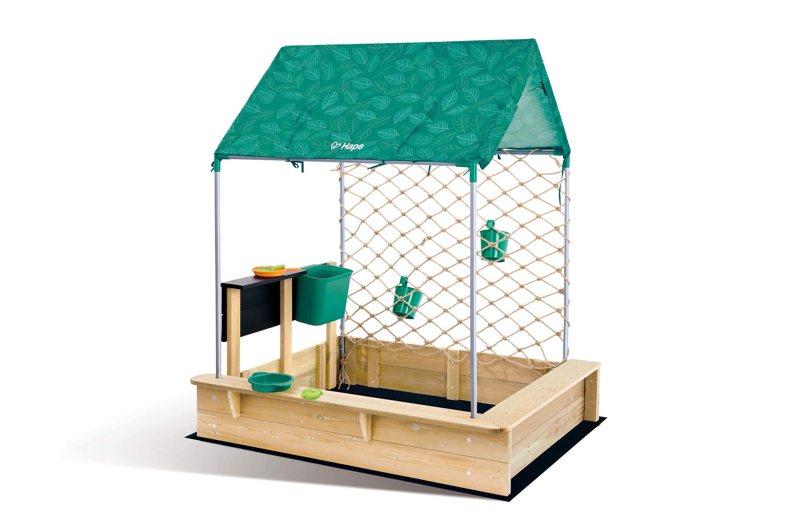 Hape Outdoor Sandkasten mit Dach, Netz & Spielzubehör – All-in-One Sandkasten-Set, Outdoor Spielzeug