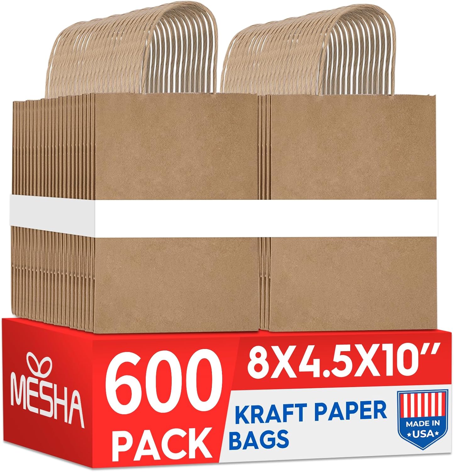 MESHA Gift Paper Bags Brown 600 Pack 8X4.25X10.5 Medium Shopping Kraft Bags Bulk with Handles Reusable for Business,Grocery,Birthday,Wedding,Kids Party,Favors