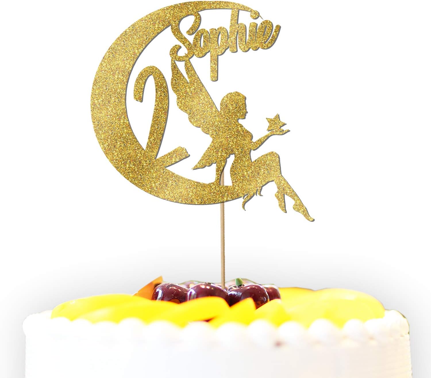Personalised FAIRY/MOON Children's Birthday GLITTER CAKE TOPPER Cake decoration - Any colour/wording/age/occasion