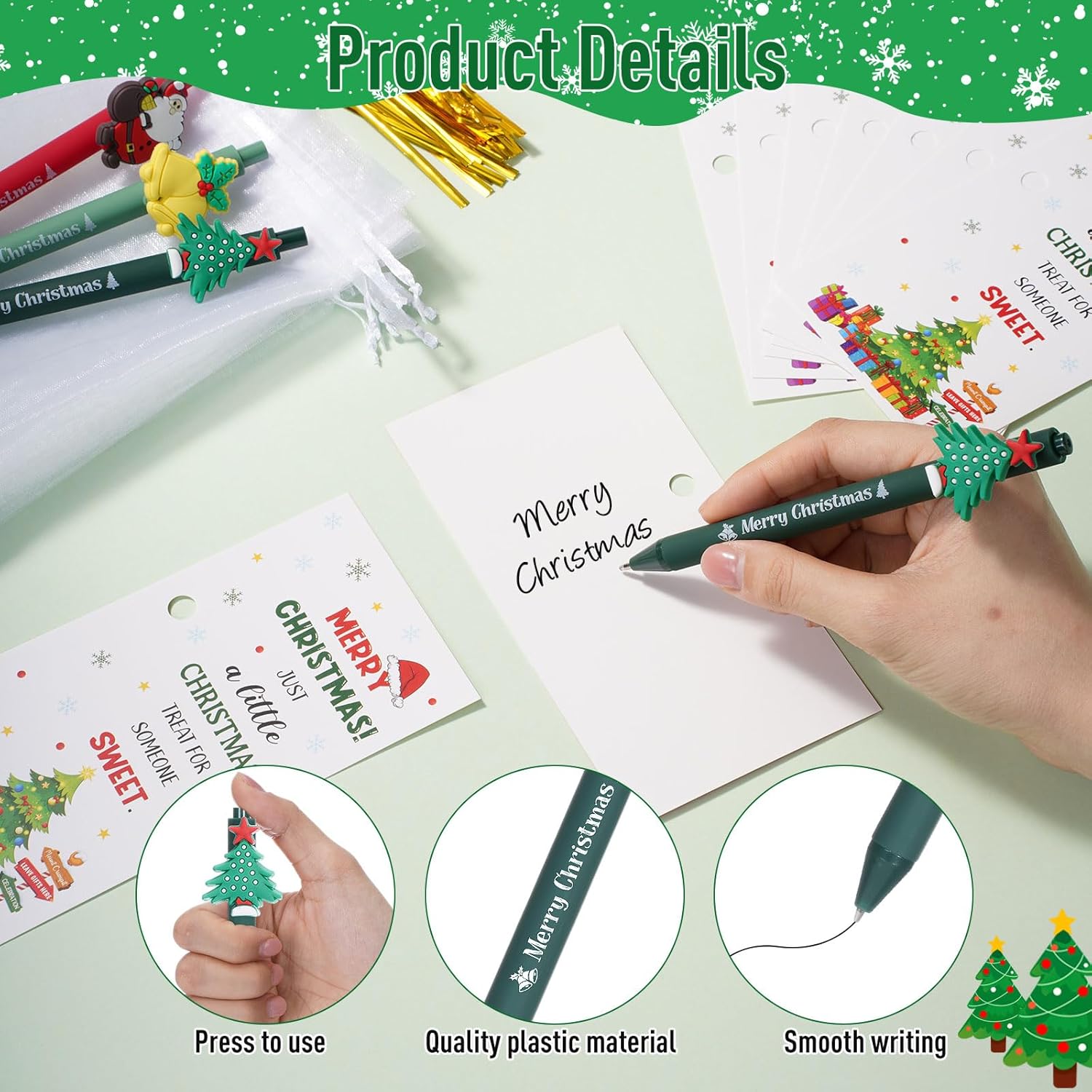 Marspark 30 Set Christmas Gifts Bulk Christmas Ballpoint Pens and Greeting Cards Set with Bag Twist Ties for Employee Coworker Teacher Student School Office Home Party Favor