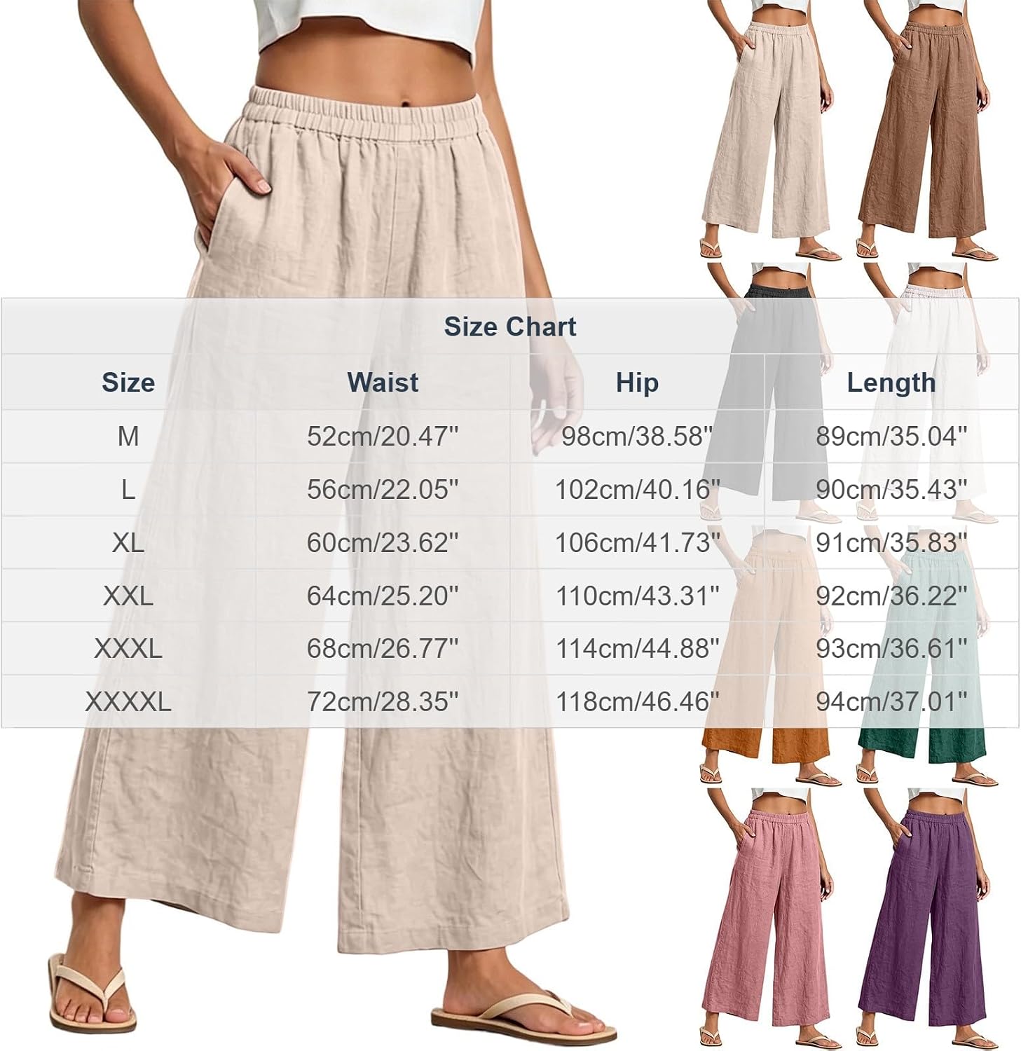 Women's Cropped Wide Leg Pants High Waisted Loose Cotton Linen Trousers Casual Fashion Palazzo Pants with Pockets