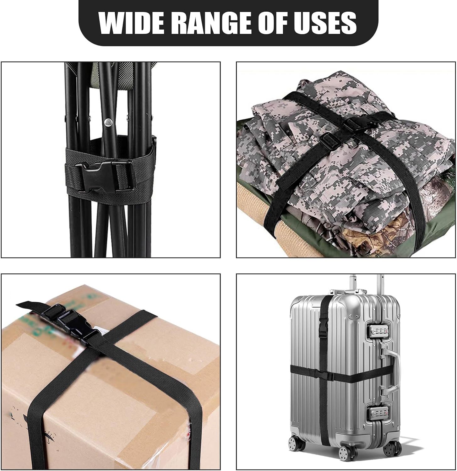 8 Pack Bag Luggage Strap, Luggage Straps with Buckles, Nylon Strap with Buckle, Adjustable Straps with Clips Fanny Pack Extender for Outdoor Activities (Black)