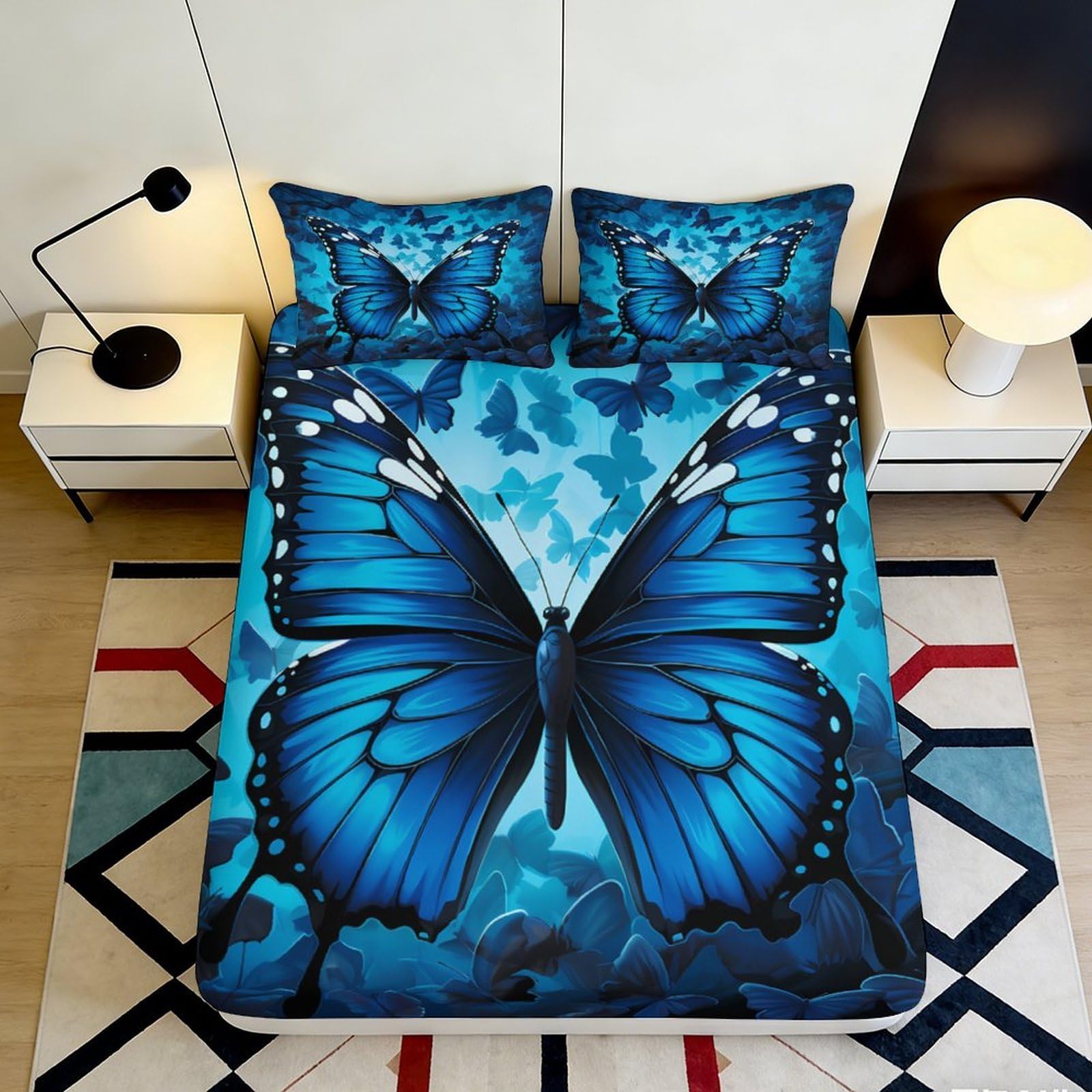3D Printed Blue Butterfly Fitted Sheet Microfiber Soft Breathable 3D Printed Butterfly Mattress Cover for Bedroom Dormitory Guest Room Decor 200x200x25cm
