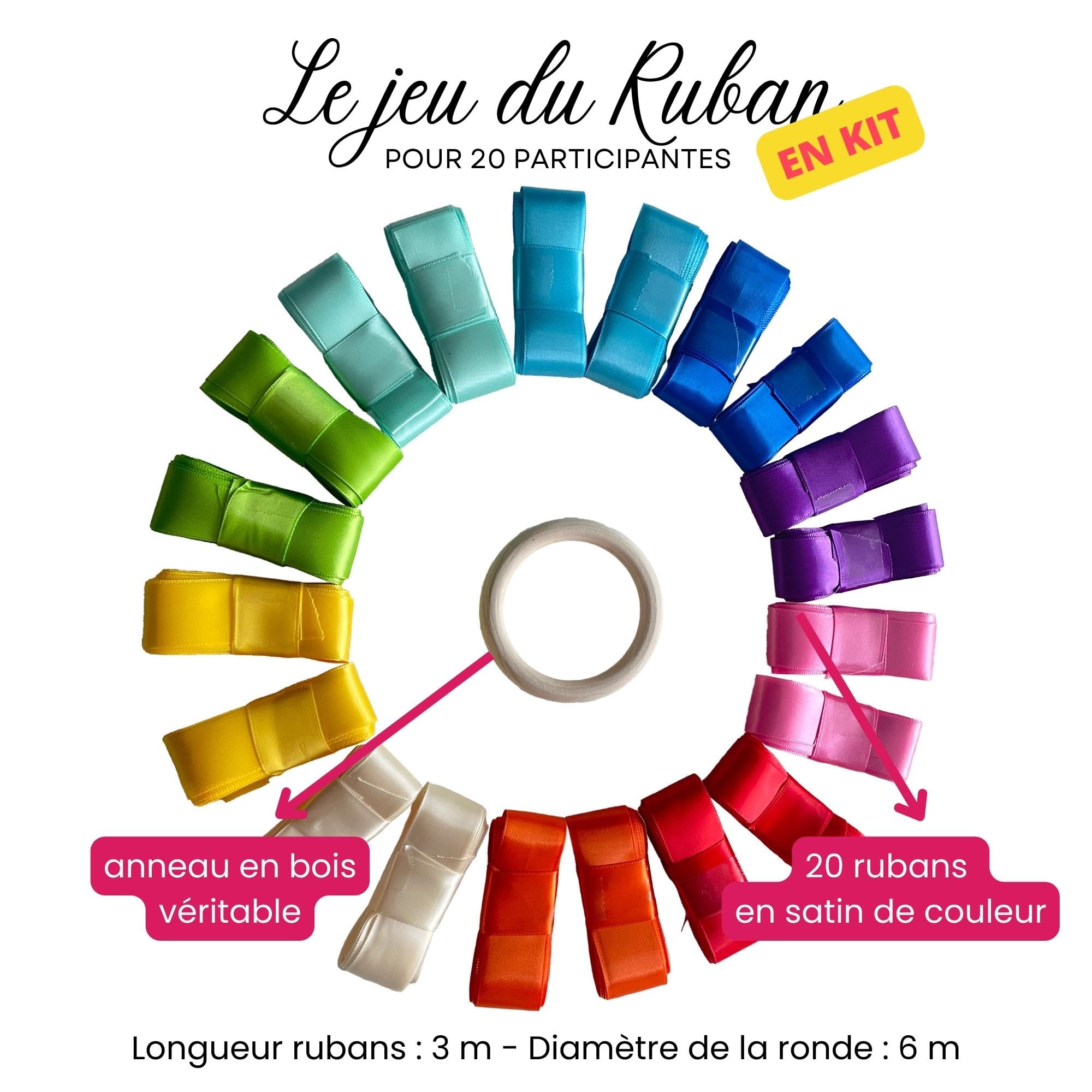 Ronde des rubans-Jeu du ruban mariage- A MONTER-Ruban satin-Cadeau mariée-Décoration fête-Bouquet de la mariée- 20 ruban-10 couleurs-Anneau Bois inclus-Idée cadeau EVJF