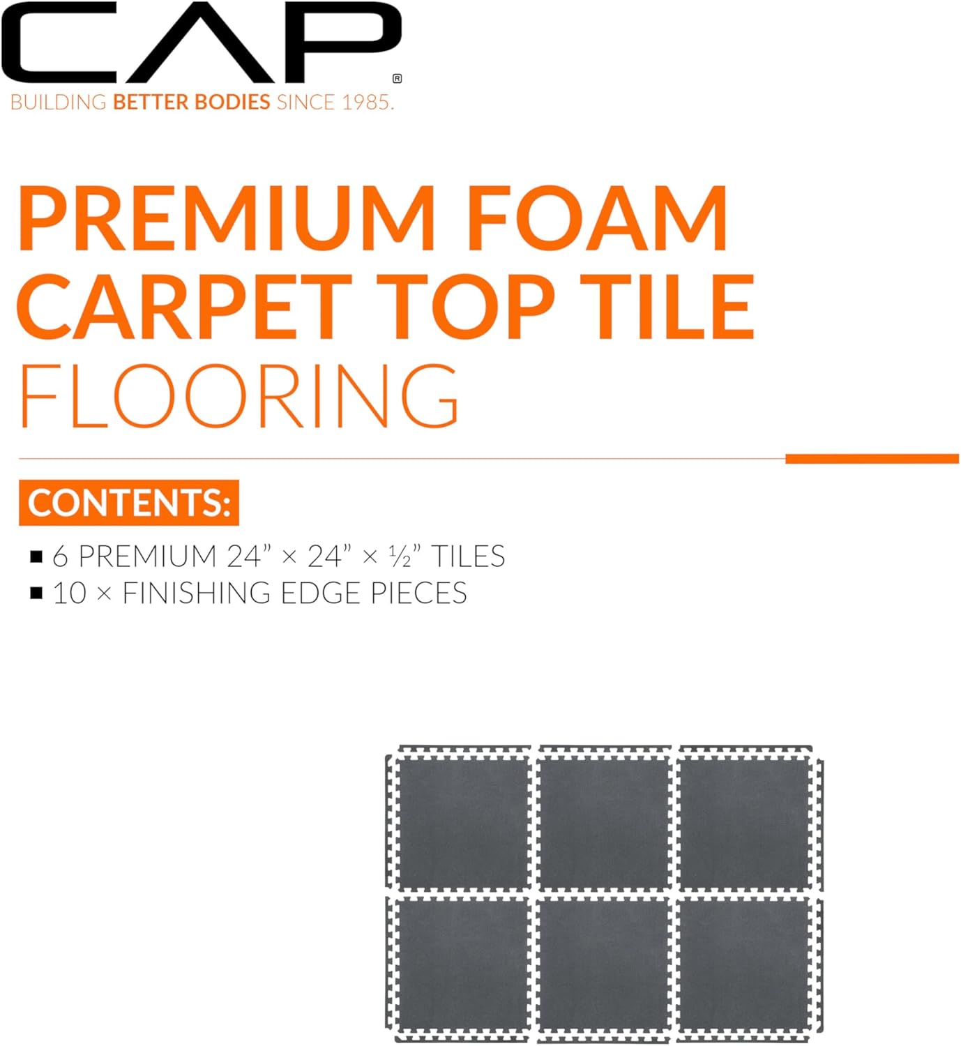 cap barbell interlocking eva foam carpet puzzle mat floor tiles - 24" x 24" x 1/2" | multiple color options carpet top - gray 1/2" thick - 6 tiles (24 sq ft)