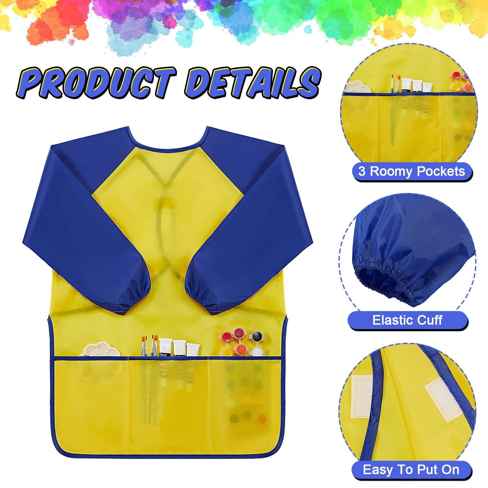 Yahenda 18 Stück Kinder Kunstkittel Wasserdicht Malerei Kunst Kittel für Kinder mit langen Ärmeln 3 Taschen Kleinkind Schürze für 2–8 Jahre, Rosenrot, Dunkelblau, Gelb, 23.6 x 17.3 inches