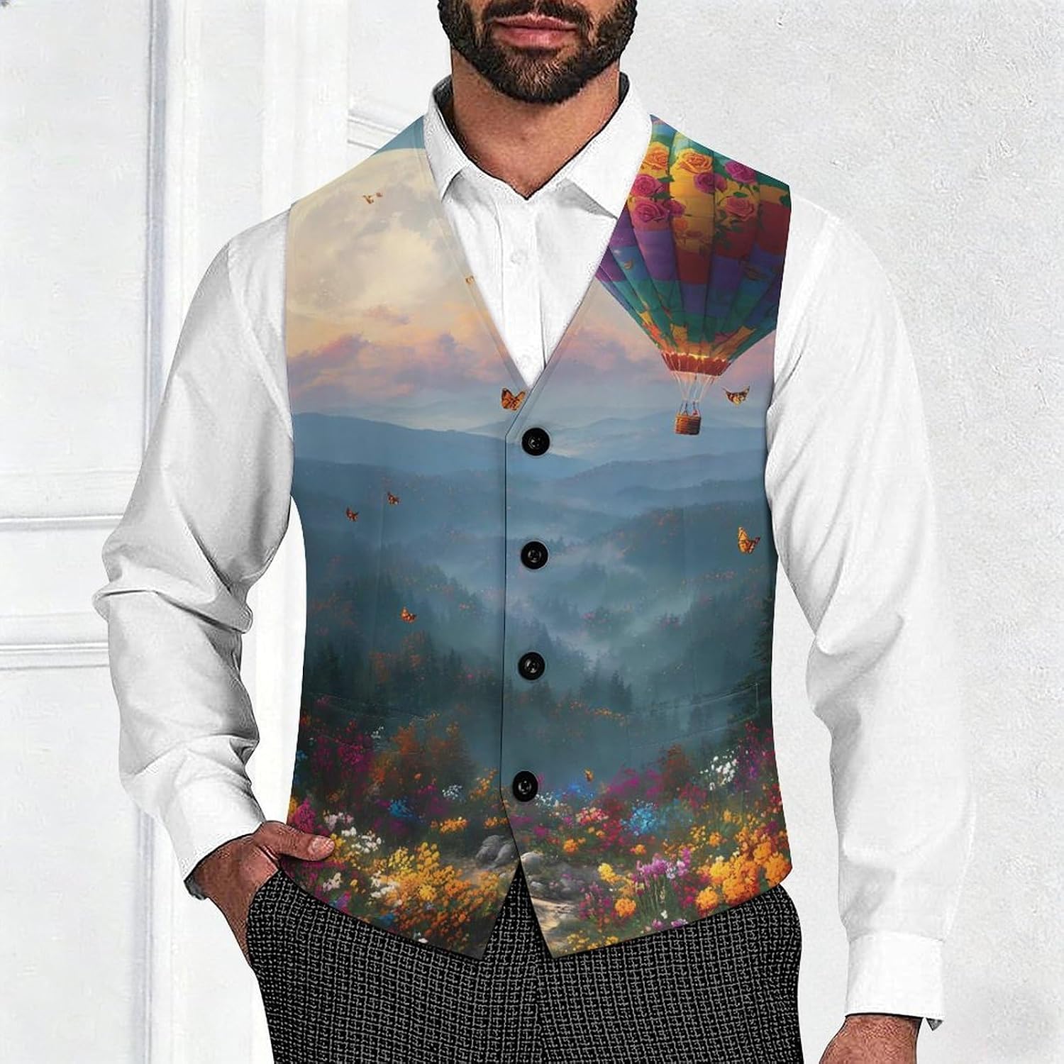 Hot Air Balloon Butterfly Men's Suit Vest Formal Vests Casual Dress Fit Waistcoat Casual Tuxedo for Business