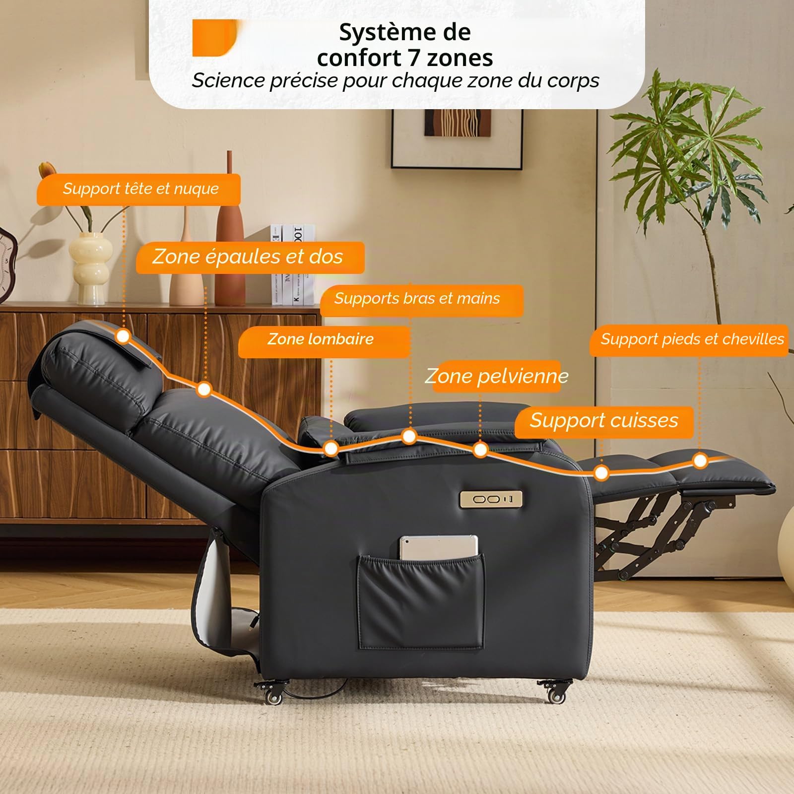 Bonnlo Fauteuil de relaxation, fauteuil de télévision, fauteuil de massage électrique avec fonction allongée, fauteuil TV, massage à 2 points et fonction chauffante, ports USB-C et USB-A, 1 poche