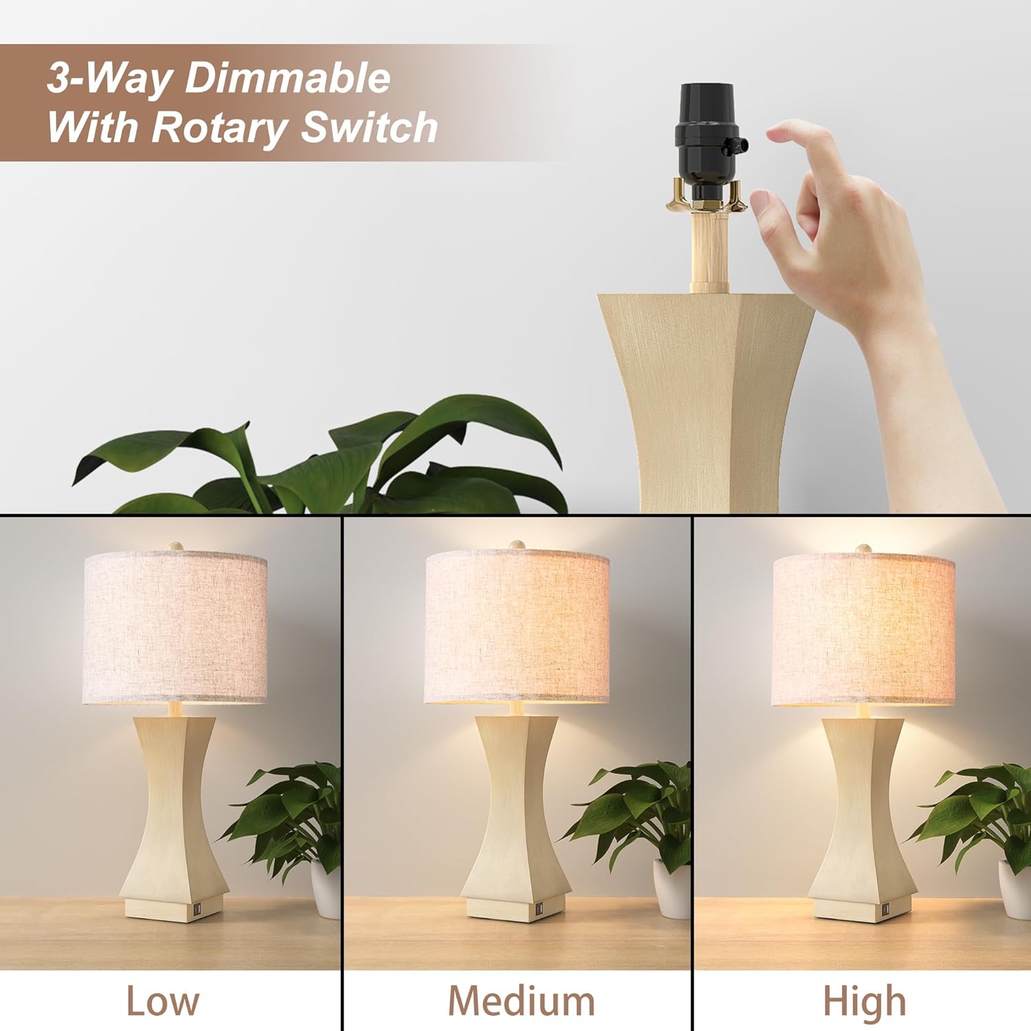 24.5" Modern Table Lamp Set of 2, 3-Way Dimmable Bedside Lamps with USB C & A Charging, Farmhouse Resin Nightstand Lamps with Linen Shade for Bedroom, Living Room, Home Office(Beige)