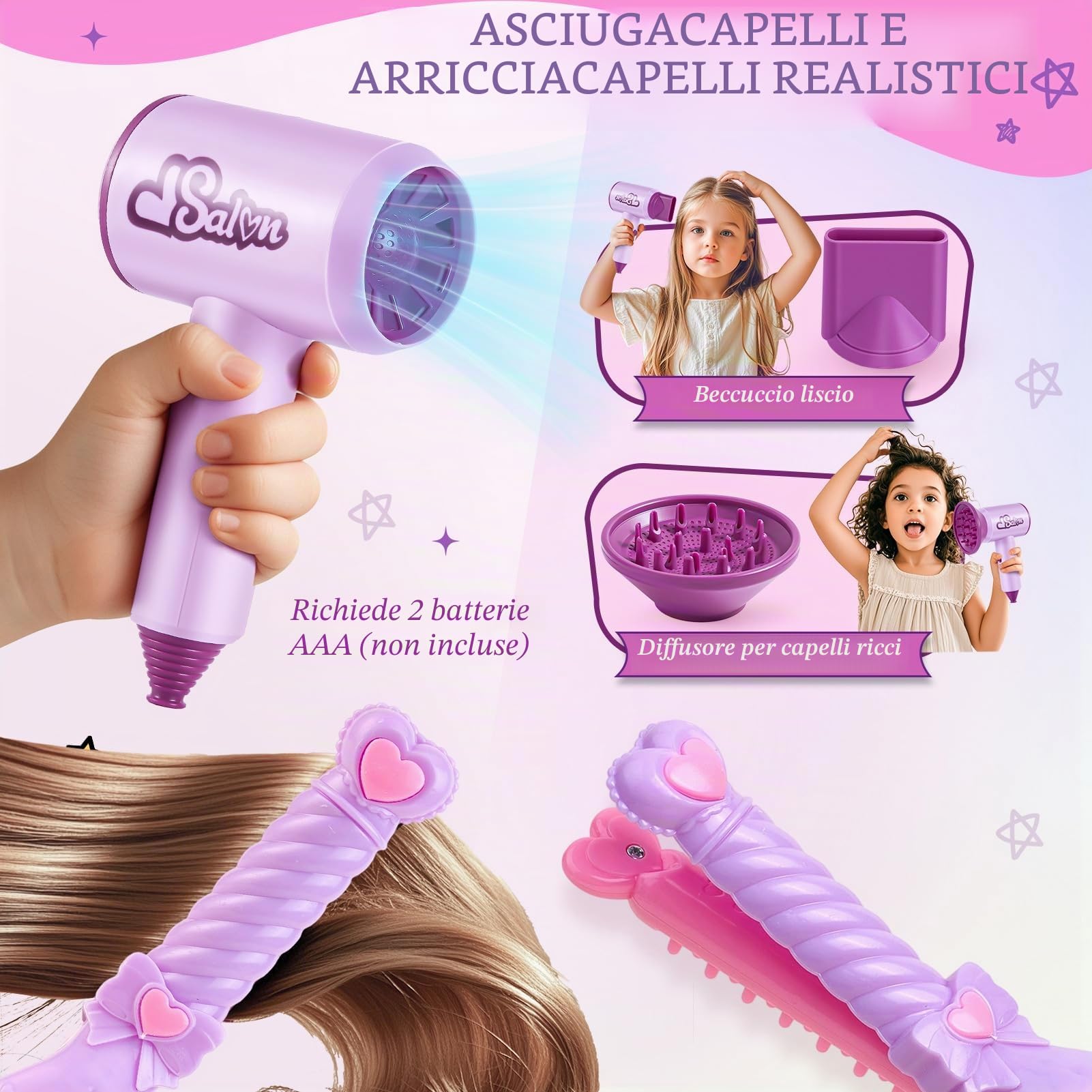 vamei Testa Bambola da Truccare e Pettinare, Set Gioco Parrucchiera Bambina con Asciugacapelli, Smalto per Unghie, Testa da Pettinare Bambina Bambola da Truccare Giocattolo per Ragazze 3 4 5 6 Anni