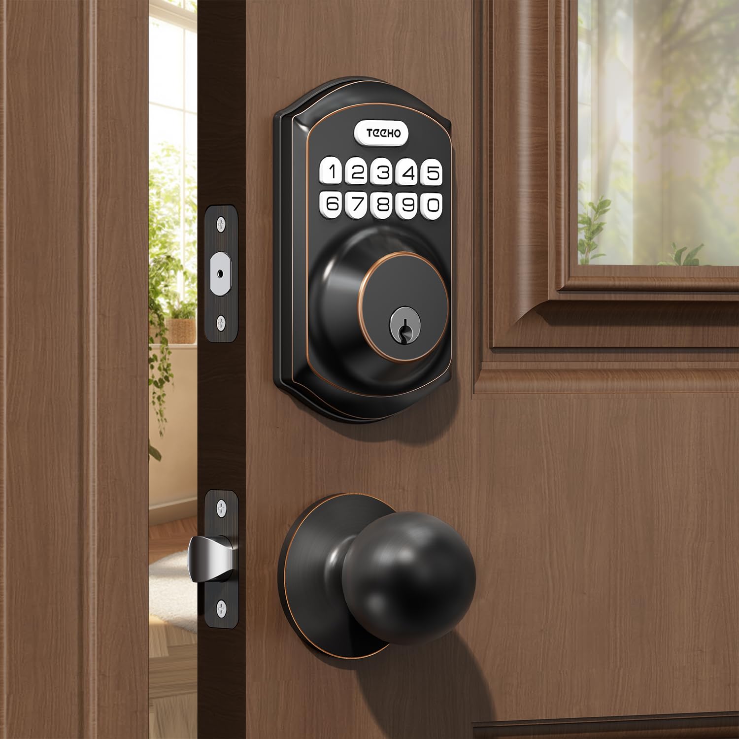 TEEHO TE001K Keyless Entry Door Lock with Handle, Electronic Keypad Deadbolt with 2 Knobs, High-Security Front Door Handle Set for Home & Rental, Smart Auto-Locking, Easy Install, Oil-Rubbed Bronze