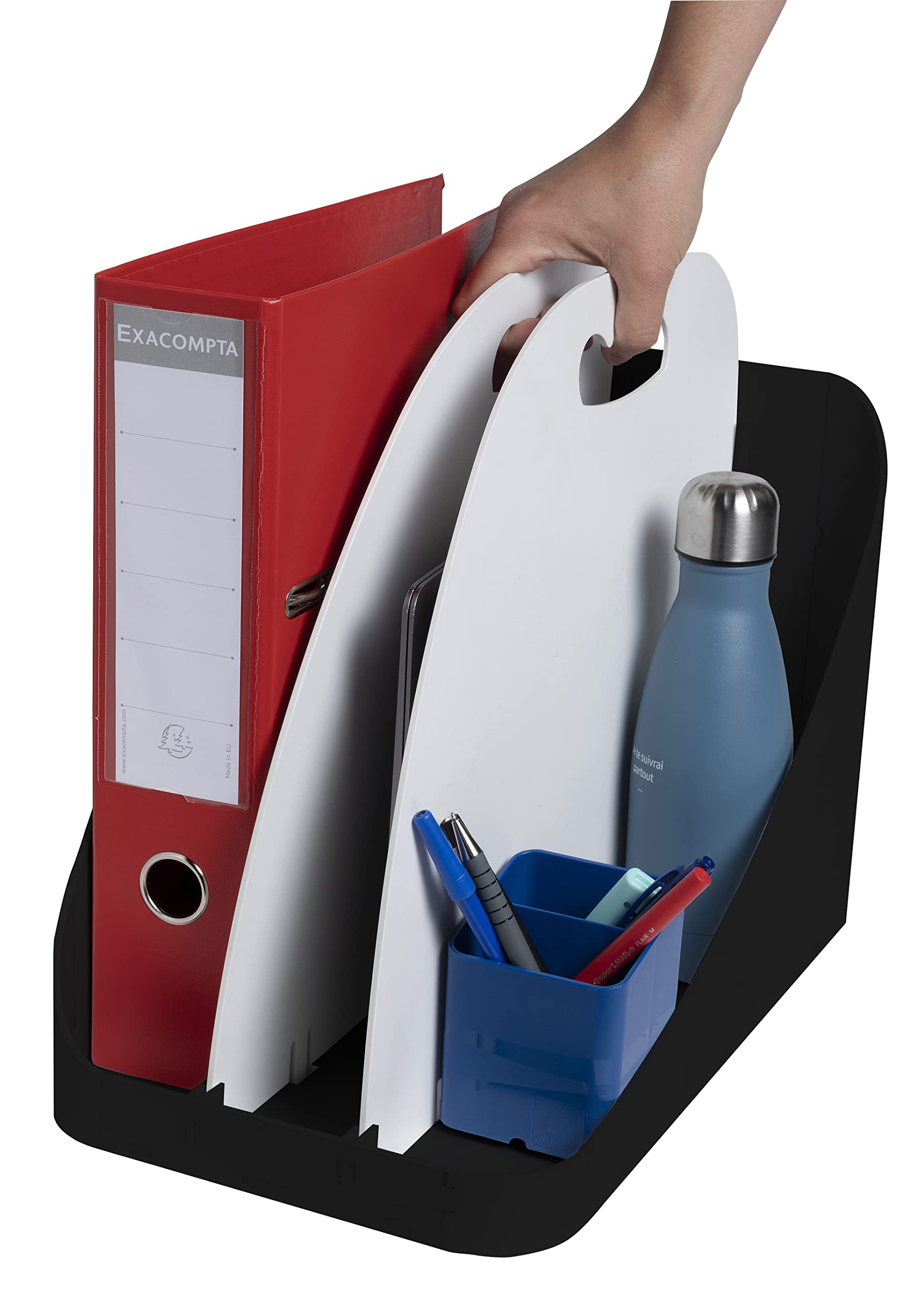 Exacompta 3501440D Flex Box Office Flexible Aufbewahrungshilfe mit Griff mit 3 Fächern zur Aufbewahrung von Büroutensilien: Tablet, Ordner, Stifteköcher, Mappen Schwarz|Grau