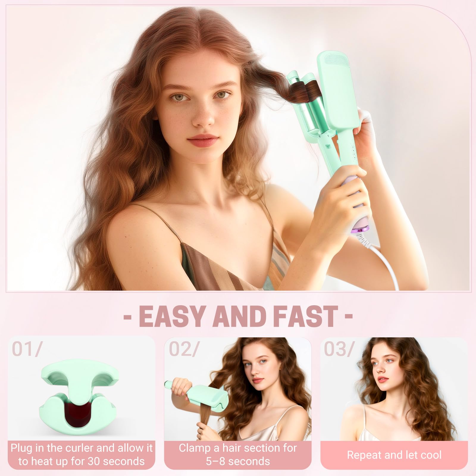 Rizador de Pelo Ondas 32mm, Beach Waves Plancha Ondas, Rizador Francés Iónico con 4 Temperaturas Ajustables, Antiquemaduras, Ideal para Principiantes y Todo Tipo de Cabello
