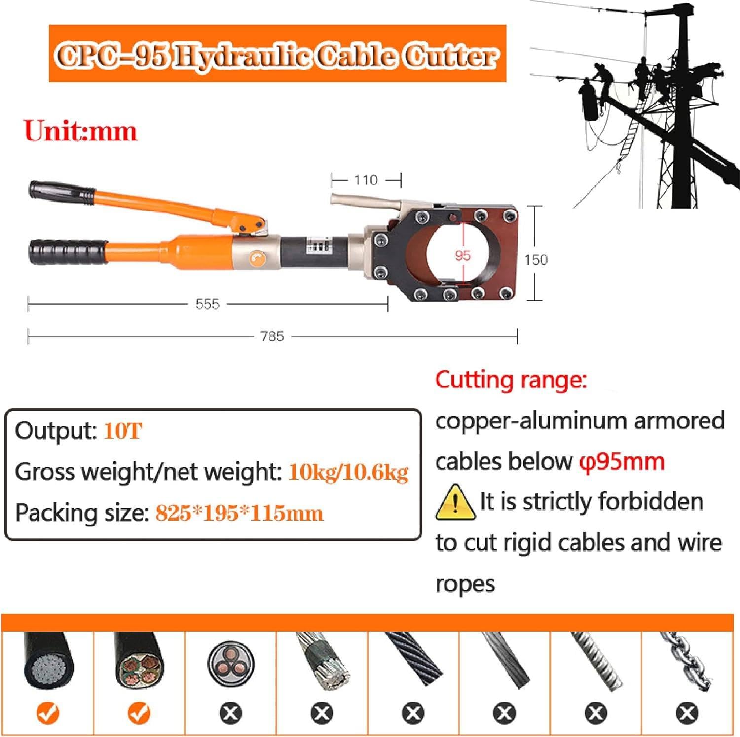 Elektryczny hydrauliczny nóż do kabli z grzechotką do ścinania miedzi i aluminium, ręczne szczypce do cięcia Cu/Alu, Φ50mm-Φ95mm