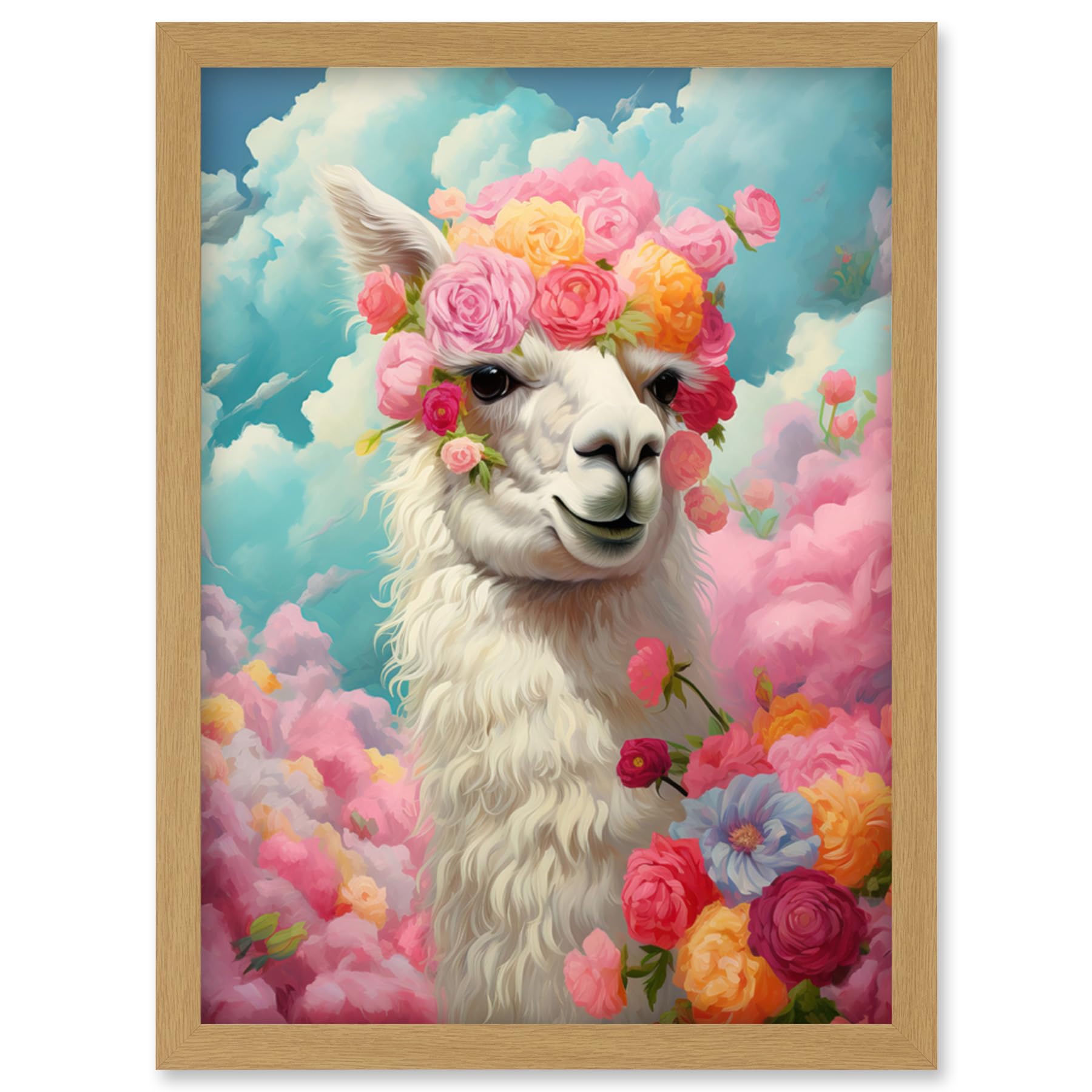 Artery8 Head in the Clouds Conceptual Artwork Fabulous Carefree Llama with Rose Flower Headband Kids Room Artwork Framed Wall Art Print A4