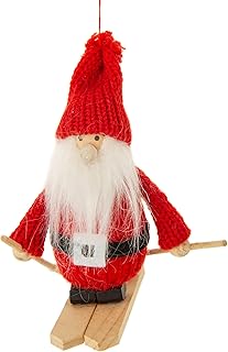 Skiing Santa Christmas Ornament with Wooden Skis – 4-Inch Nordic Holiday Tree Decoration with Knitted Hat – Whimsical Winter Decor by Christmas Market Ornaments (Red)