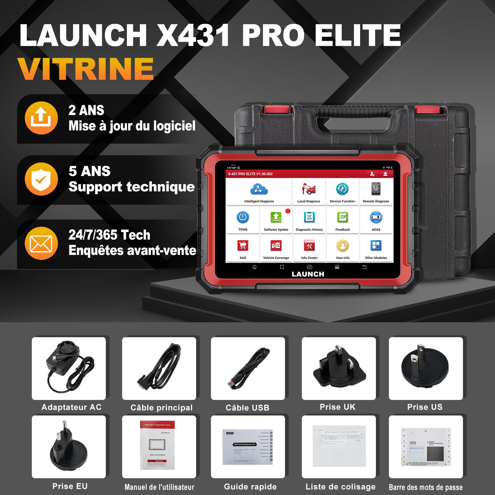 Launch X431 Pro Elite OBD2 Valise Diagnostic Auto, Bi-directionnel