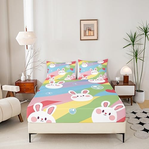 Miniatura 3 de Erosebridal Lindas sábanas bajeras de conejo arcoíris para niñas, juegos de ropa de cama de conejos, funda de cama individual a rayas coloridas,