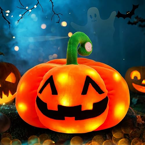 Athoinsu Peluche de calabaza de Halloween con luz LED brillante, luz nocturna esponjosa, suave, fantasma Jack O Lantern, juguete de peluche, regalos