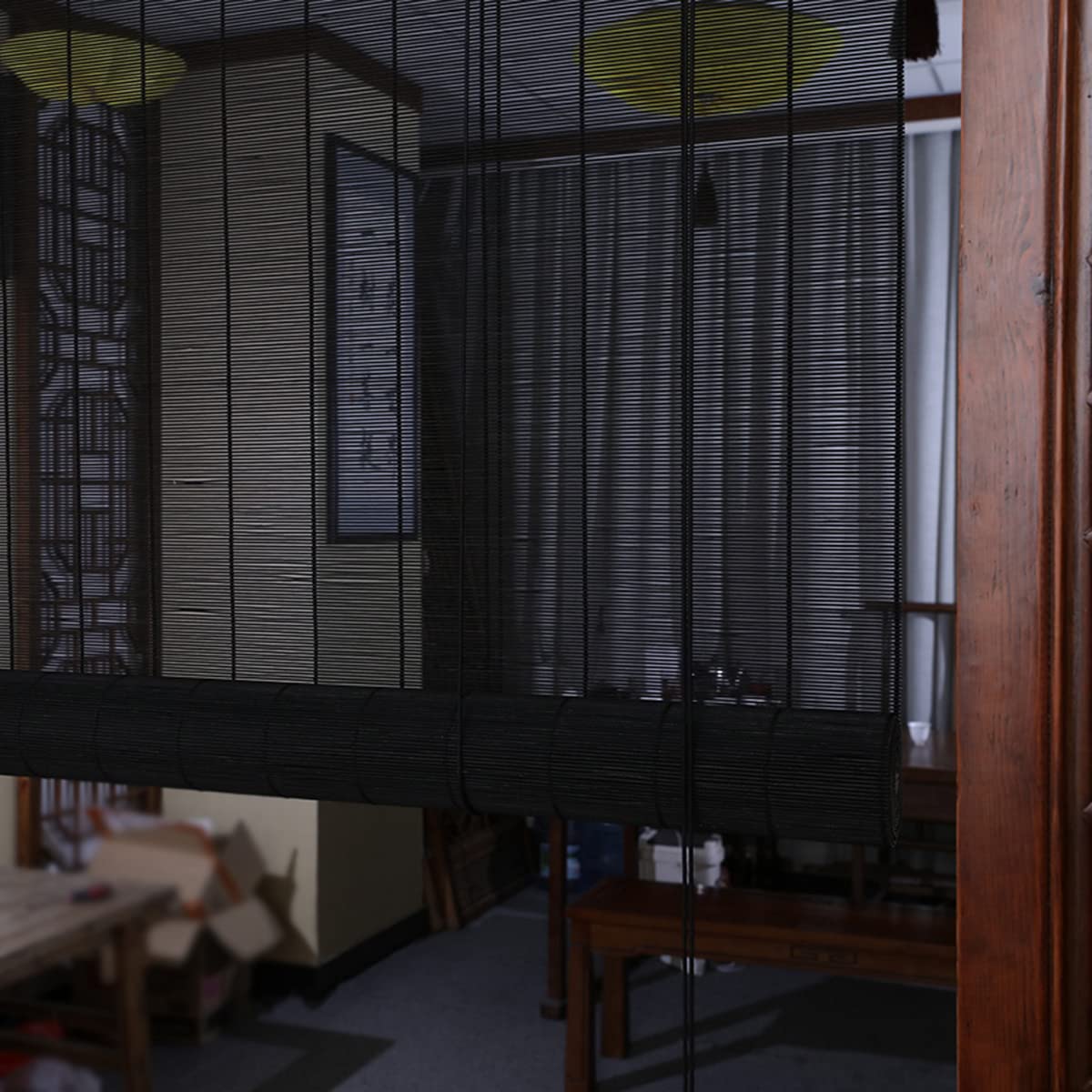 Black Bamboo Roller Blind Wooden Blind Bamboo Screen Privacy Screen Blackout Blinds Window Blind with Side Pull, Custom Made (W80xH140cm(32x55in))
