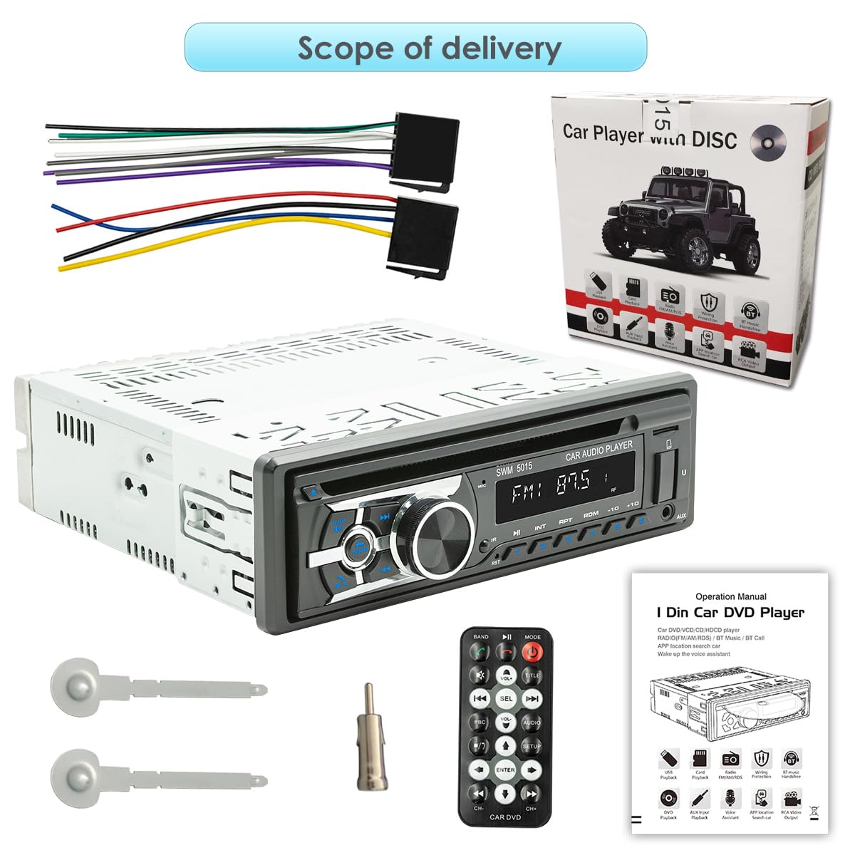 Radio de Coche con Reproductor de CD Bluetooth y Llamadas Manos Libres, Bluetooth 1 DIN USB/TF/Reproductor de MP3/entrada AUX, Radio FM/Am, RDS, RCA, función de búsqueda automática, 60 W x 4