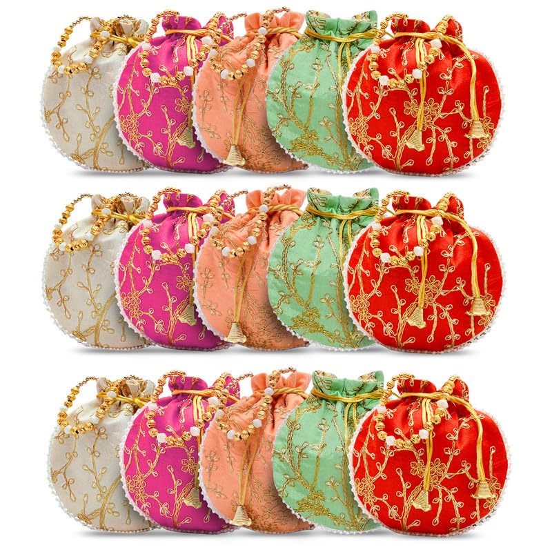 Women Potli Bags | Drawstring Embroidered Ethnic Silk Potli | Traditional Shagun Return Gifts Potli for Mehandi, Haldi, Baby Shower, Wedding, Sangeet-image-43