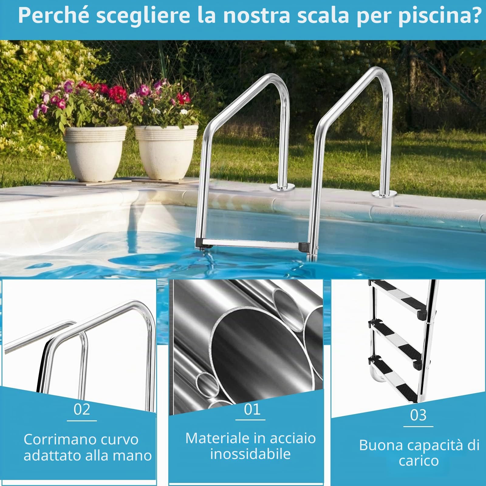 LIFEZEAL Scala per piscina a 3 gradini in acciaio inox, scala da piscina a forma di U con gradini antiscivolo e comode mani correnti, ideale per piscina, spa, parco