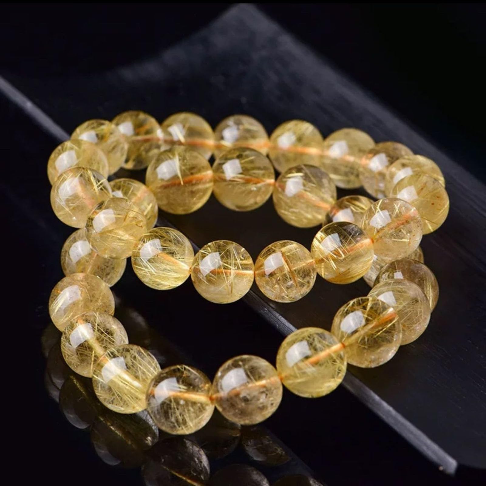 Braccialetti quarzo rutilato naturale, braccialetti elasticizzati perline | Bracciale in cristallo di titanio citrino per portare ricchezza, successo, energia curativa per unisex
