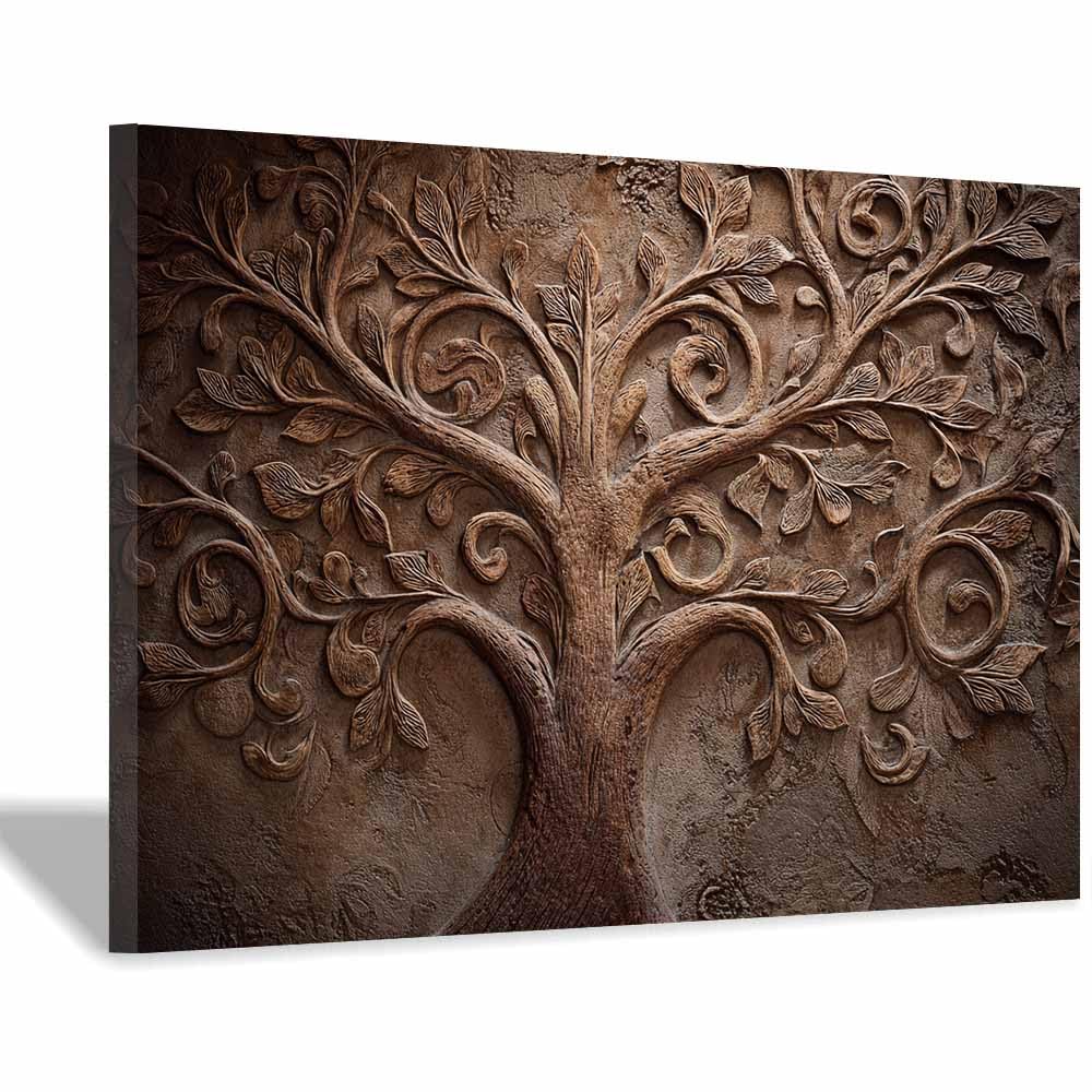 ZAMAEIU The tree of life Wall-carved trees Canvas Paintings Abstract Tree,Wall Art Poster Modern Room Bedroom Home Decor Geometric Print Patterns(brown)-30x50cm Framed