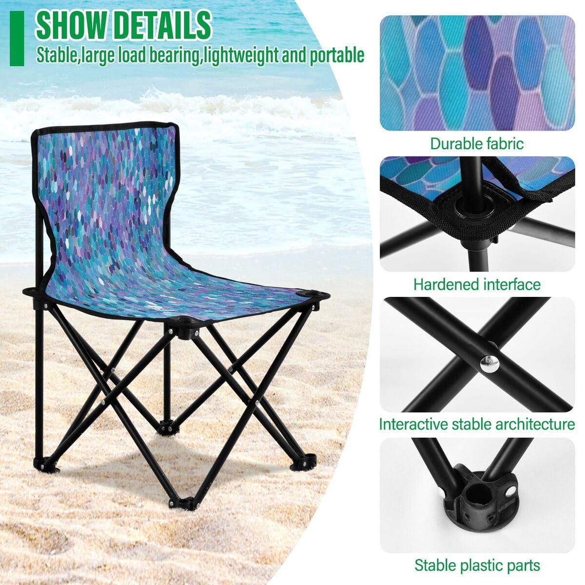 Sedia da campeggio pieghevole con paillettes blu per adulti e bambini, sedia pieghevole leggera adatta per esterni. Sedie per spiaggia, prato, campeggio, pesca e giardino