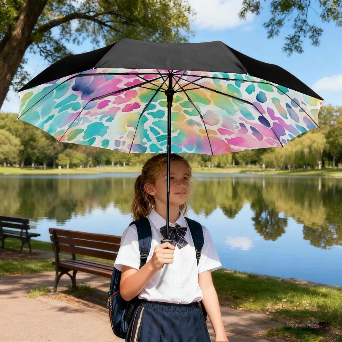 Abstract Colorful Leopard Skin Folding Umbrella Windproof Compact Lightweight Travel Umbrella with 8 Reinforced Ribs, Portable UV Sun & Rain Protection for Men & Women