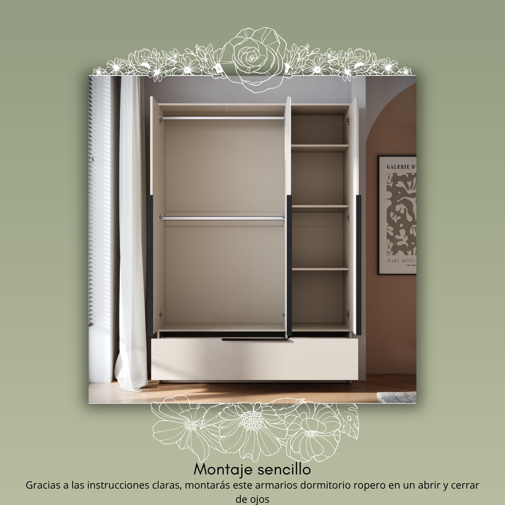 Armarios Dormitorio Alto de 3 Puertas Spirit - Largo de 193 x 135 cm - Armario Ropero para el Salón, la Habitación - Roperos de Dormitorio con Espejo