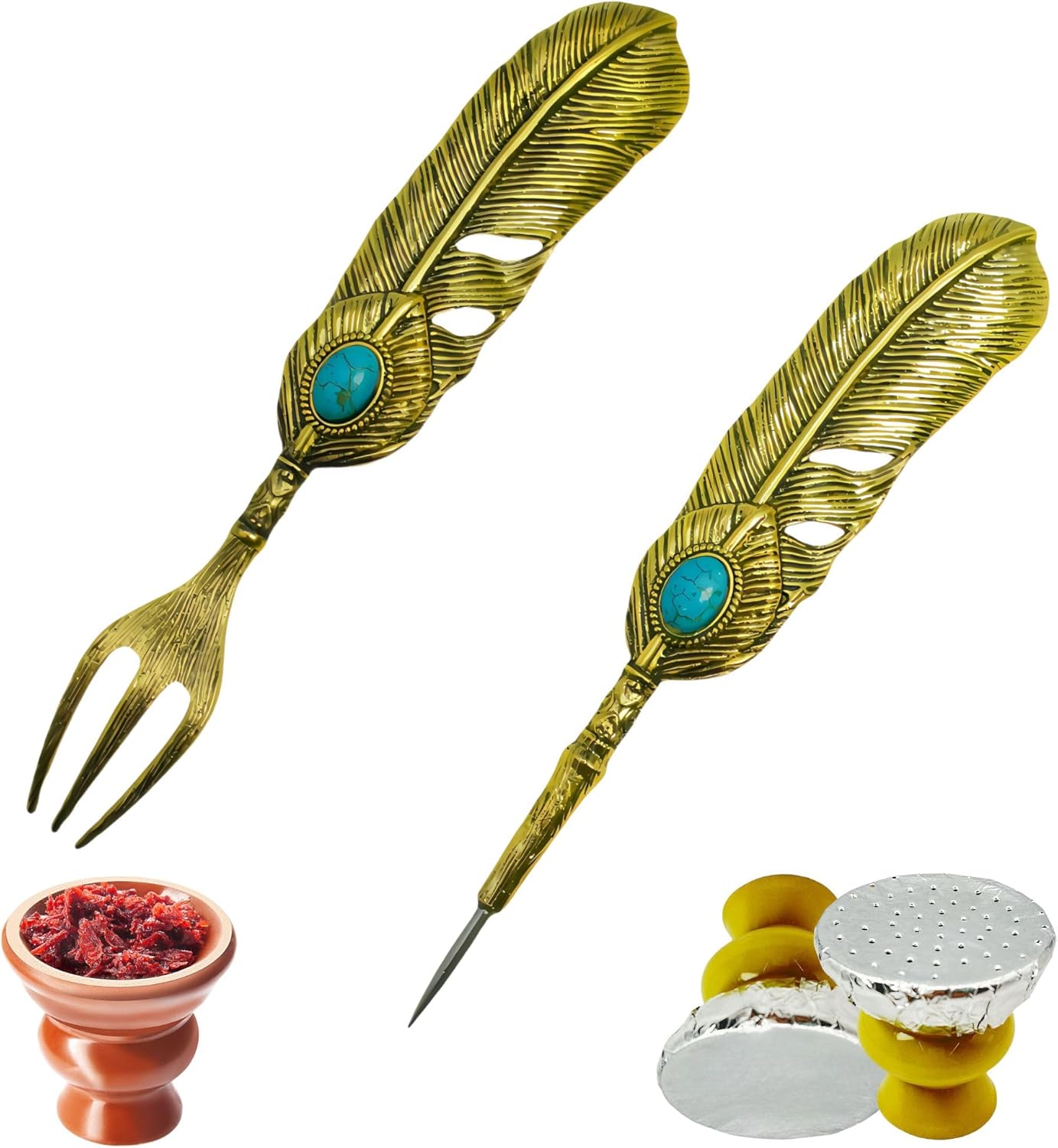 Hookah Fork and Foil Puncher Set – Feather Design Zinc Alloy Shisha Accessories, Portable Nargile Poker Tool, Gold and Silver (2pcs) (Silvery)