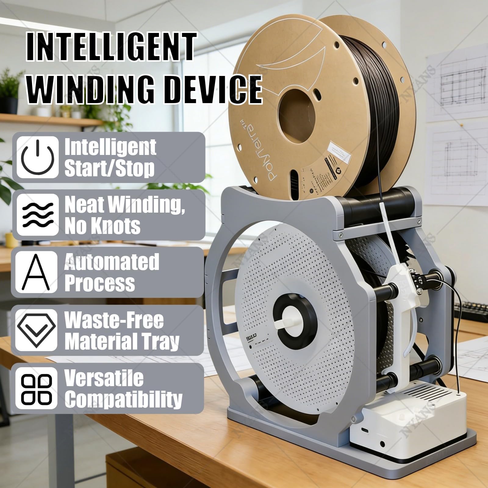 Rebobinador de bobina de filamento eléctrico, rebobinador de impresora 3D, arranque y parada inteligente para carretes de 1 kg, bobinado sin enredos, universal para filamento PLA/PETG/ABS/TPU/nailon