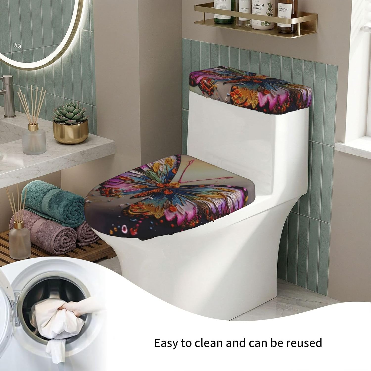 2 Pcs Toilet Lid Cover and Toilet Tank Lid Cover, Washable Toilet Cover with Elastic Bottom Replacement Soft Stretch Toilet Seat Cover Set Embroidery Colorful Butterfly Bathroom Decor image 5