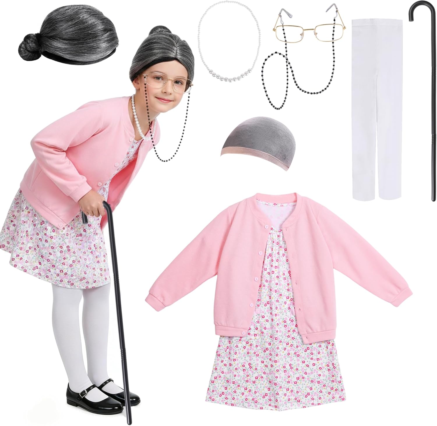 Nihaoya 9 Pcs Old Lady Costume for Kids,100 Days of School Costume for Girls, Granny Grandma Dress Up