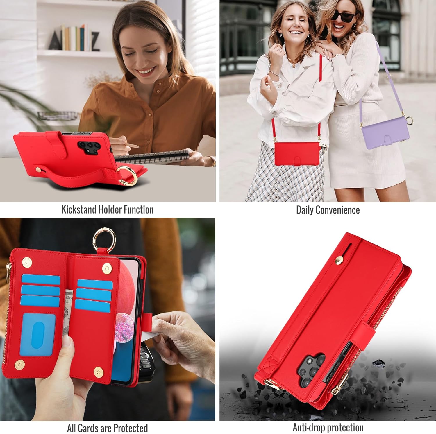Asuwish Phone Case for Samsung Galaxy A13 5G Zipper Wallet with Tempered Glass Screen Protector Crossbody Strap Card Holder Cell Cover A04S M13 G5 A 13 2022 13A A135G SM A136U Women Girls Red