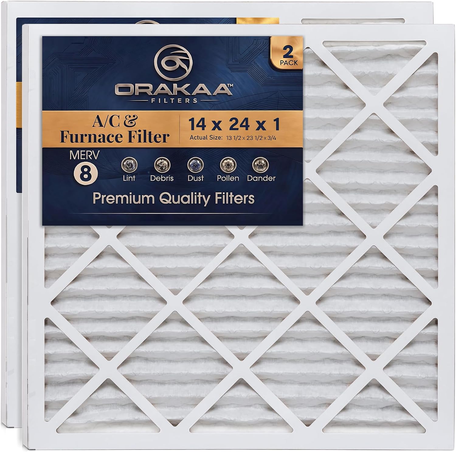 ORAKAA 14x24x1 Inches Air Filter MERV 8, AC Furnace Air Filter Replacement, Pleated HVAC Filters for Home, Dust Pollen Lint Dander, Premium Quality - 2 Pack