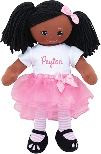 Vista 3 de Personalized Planet Muñeca de trapo con nombre personalizado bordado, niña morena vestida con camisa blanca, medias desnudas con falda tutú rosa