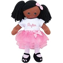 Personalized Planet Rag Doll with Custom Name Embroidered | Black Girl Dressed in White Shirt, Stripped Stockings with Pink Tutu Skirt | Black Hair with Removable Bow Clip