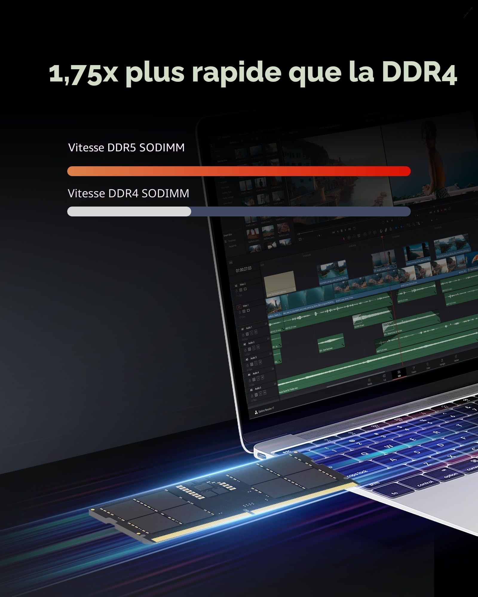 Lexar Mémoire RAM SODIMM 32Go DDR5 5600 MHz CL46 262 Broches pour Ordinateur Portable Haute Performance DRAM So-DIMM pour Ordinateur Portable Tout en Un Intel NUC Mini-PC, AI, 1,1 V, CL46-45-45-90